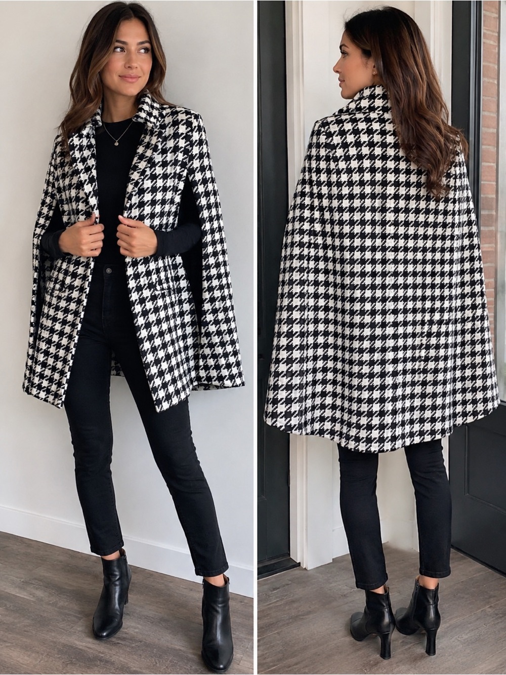SHEIN Houndstooth Cape Blazer Cardigan XL Black & White Open Front Statement